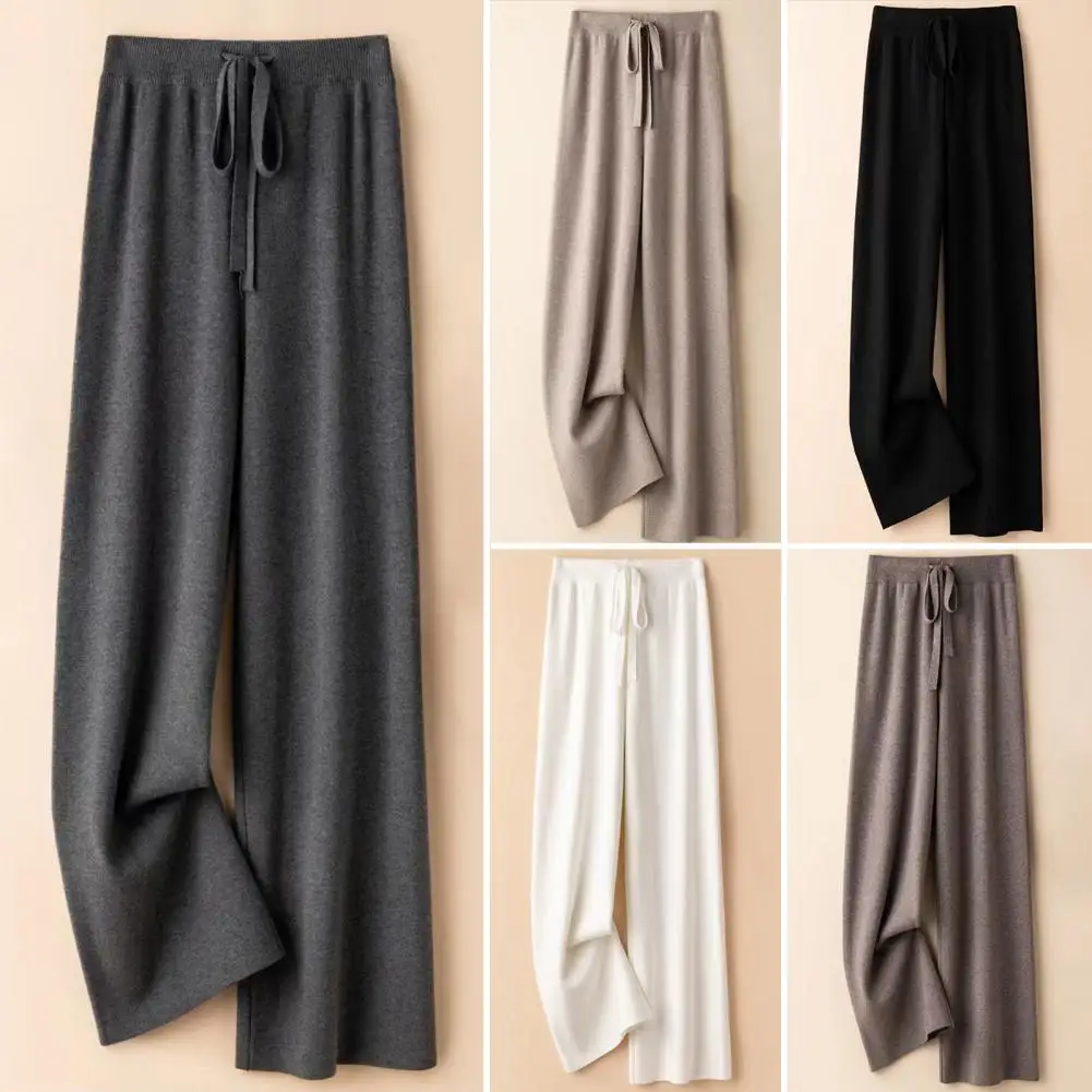 

Velvet Thickened Wide-leg Pants Women Elastic Waist Knitting Pants Adjustable Drawstring Solid Color Casual Long Trousers
