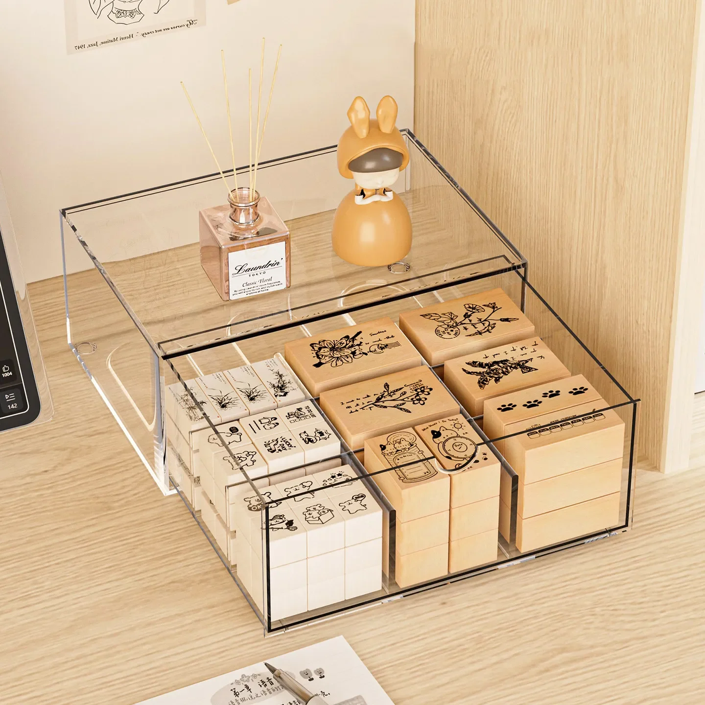 Transparent Drawer Stationery Storage Box Stamp Storage Organizer Notebook Memo Pad Desk Supplies Holder Rack Home Office Supply
