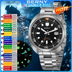 BERNY Orologio da sub con compressore automatico per uomo Orologio da polso super luminoso Zaffiro Swim Sport 20ATM Orologi subacquei meccanici da uomo