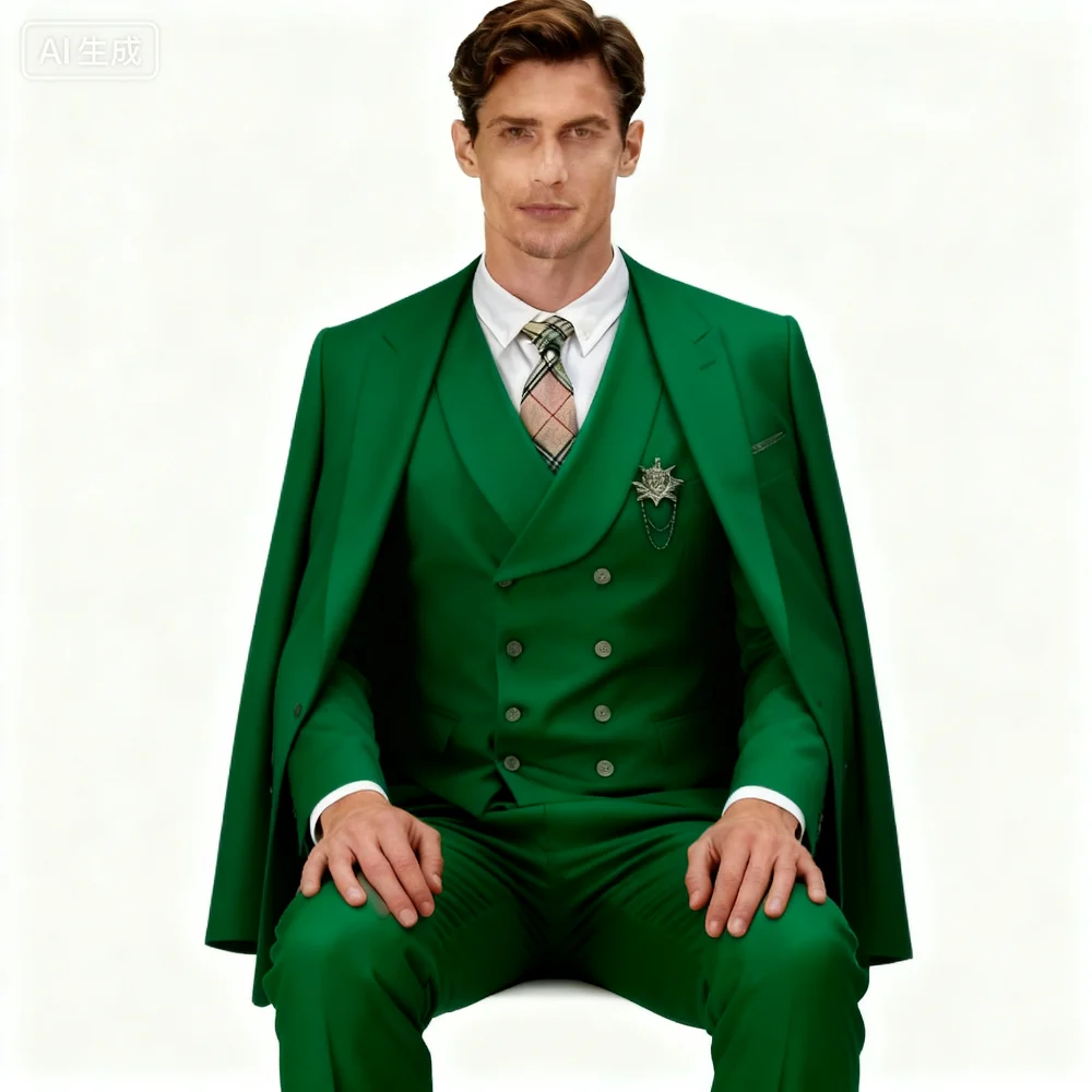 Customizable Soft Pink Men's Tuxedo Three-Piece Suit with Peak Lapel Unique Chest Pocket Jacket Pants Vest Set Formal Wear