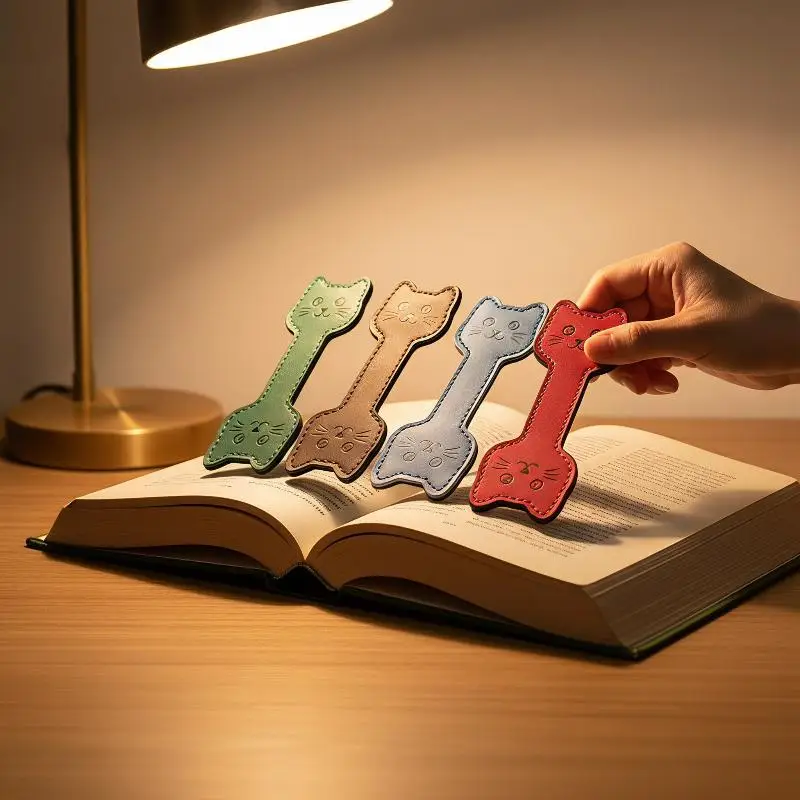 New！Cute Handmade Magnetic PU Leather Bookmark Dog Claw Paper Clip Cat Face Page Divider For Books