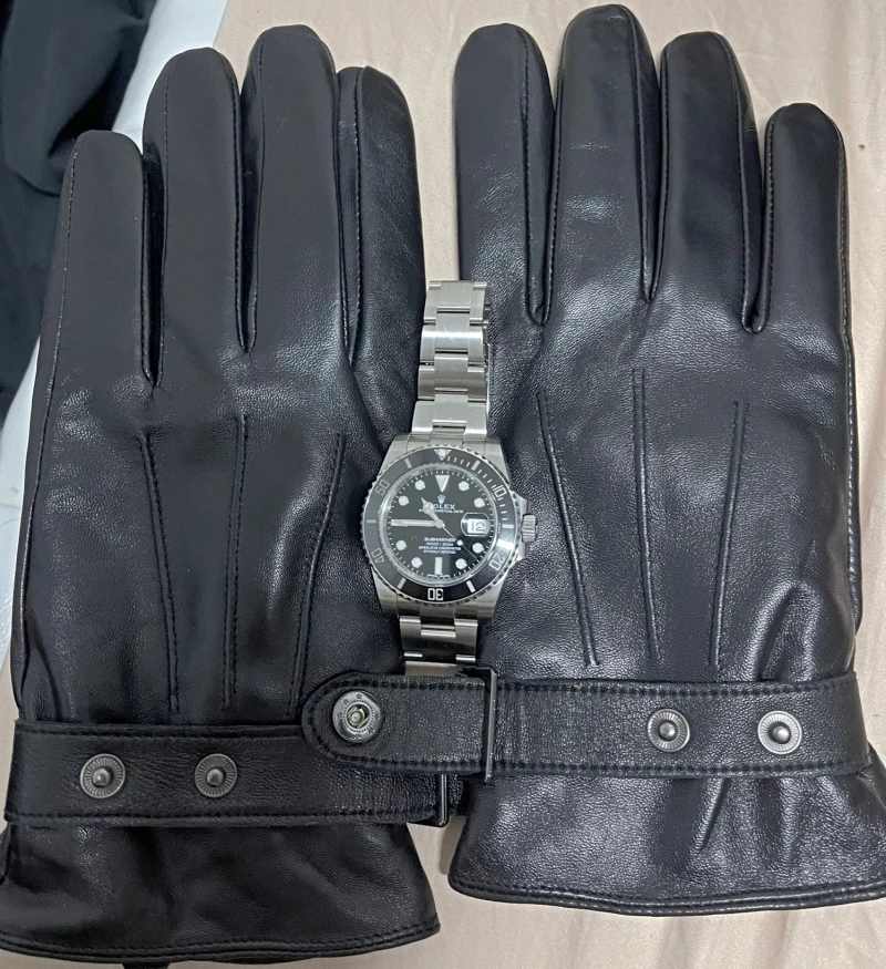 Men Genuine Sheepskin Leather Gloves Autumn Winter Warm Touch Screen Full Finger Black Gloves High Quality