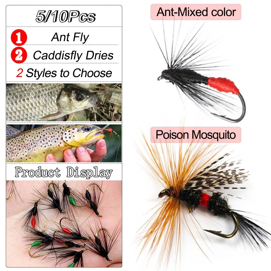 5/10Pcs Dry/WetFlies Fly Fishing Lure Poison Mosquito/Ant Fly Fishing For Trout Artificial Bait