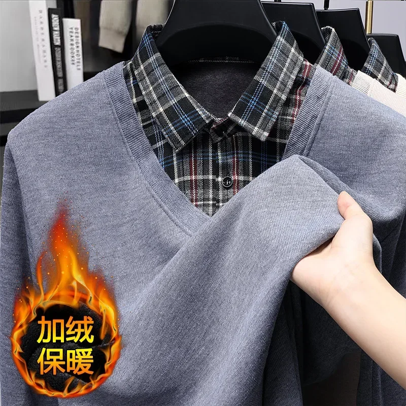 Autumn Winter Mens Fleece Pullover Men's Polo Collar Sweater Knitwear Classic Plaid Sweaters Thick Warm Khaki Korean Clothing