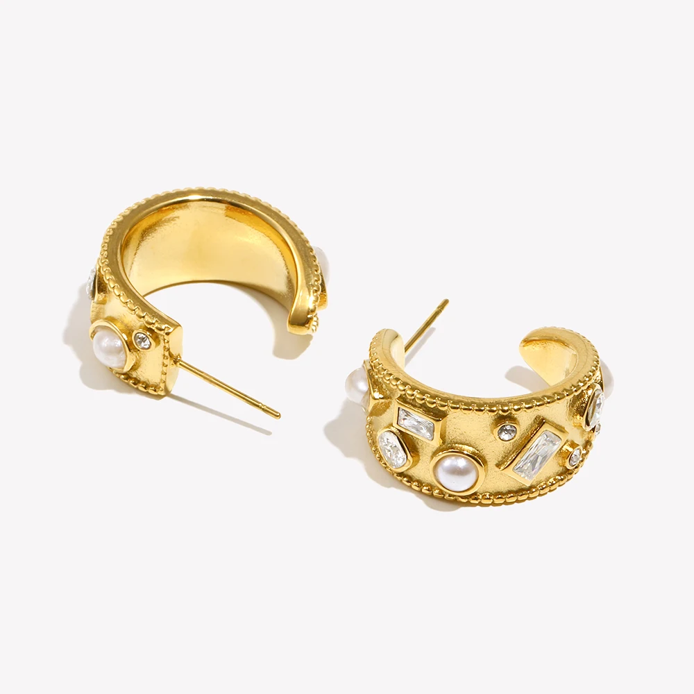 C-shaped Hoop Earrings with Pearl Geometric Rhinestone Silver Color 316L Stainless Steel Accessories 18K Gold Plated Jewelry