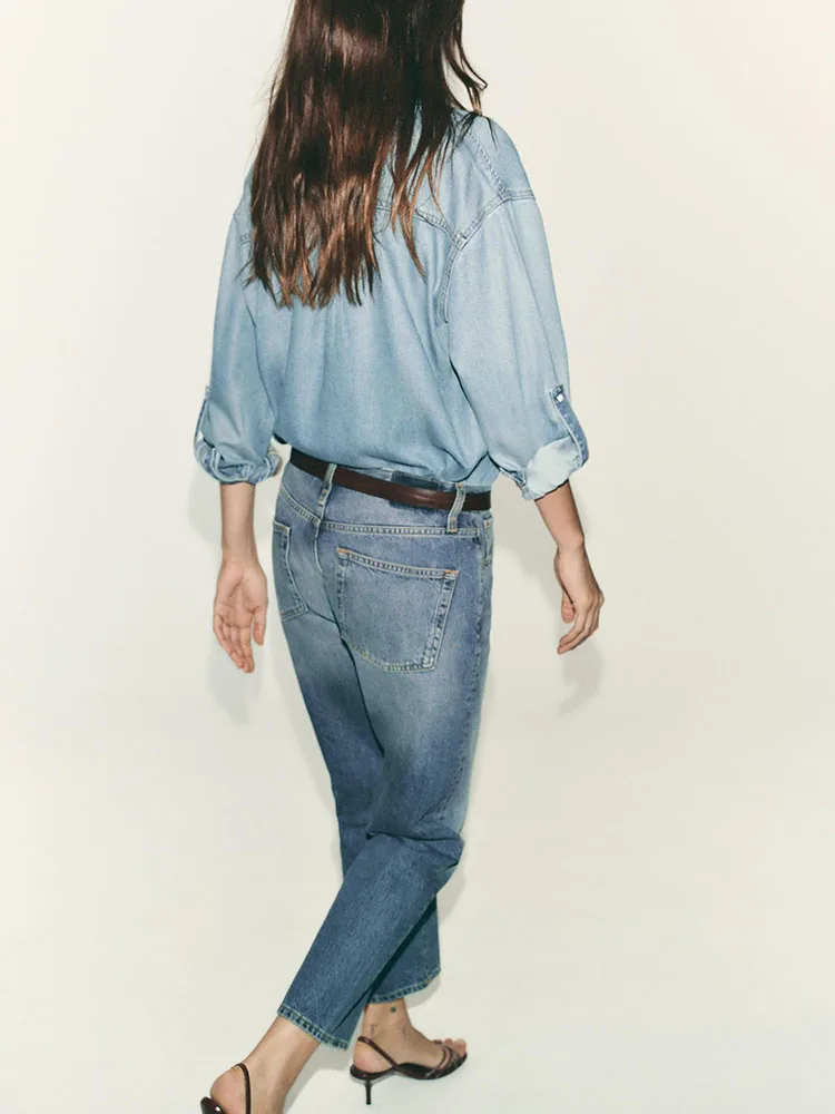 خريف 2025 جديد إمرأة Faion فضفاض طويل Sve بياقة الحلو الدنيم irt Ele Personali بدوره إلى أسفل طوق بنطال ذو قصة أرجل واسعة