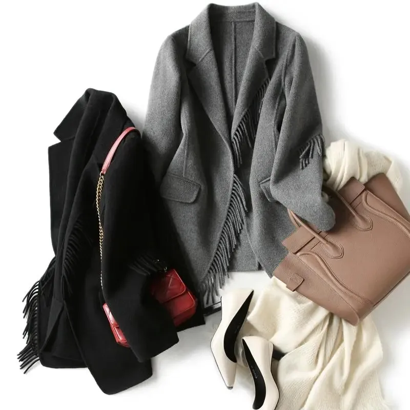 

Coat Women's Spring and Autumn Pop Solid Color Woolen Jacket Fringed Lapel Pocket Cardigan Fashion Commuter Overcoat Female 320