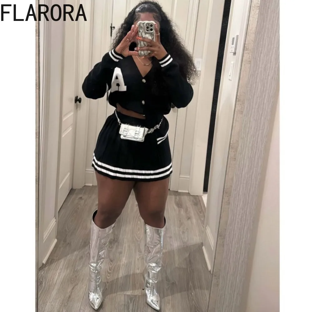 FLARORA Elegant Stripe Knit 2pcs Sets Woman Long Sleeve V Neck Print Tops And Mini Pleated Skirts Outfits Autumn Streetwear New