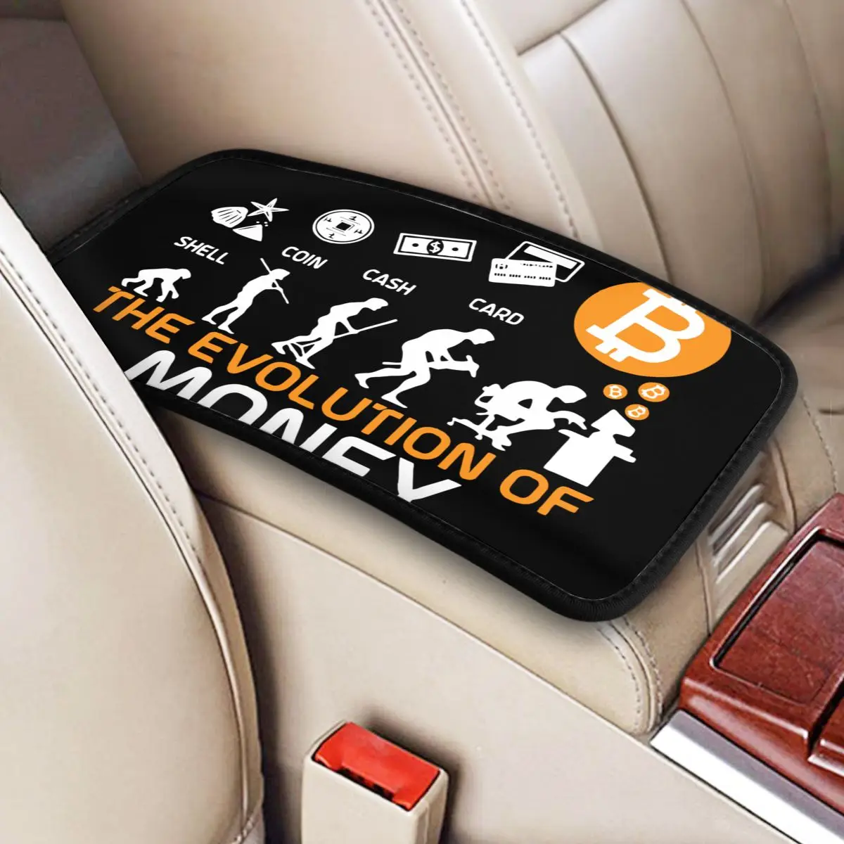 The Evolution Of Money Funny Bitcoin Car Armrest Cover Mat Crypto Coin Leather Center Console Cover Pad Breathable Auto Interior