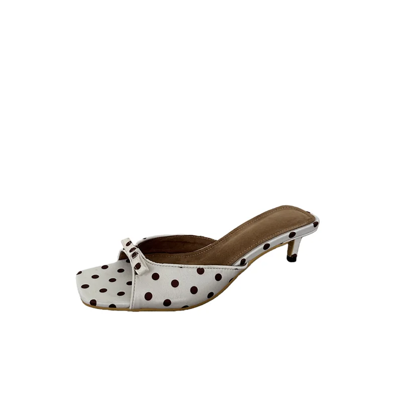 5cm Kitten Heels Slippers Woman White Sandals Summer Polka Dots Low Heel Sandals Bow Ladies Shoes Comfort Outdoor Slippers