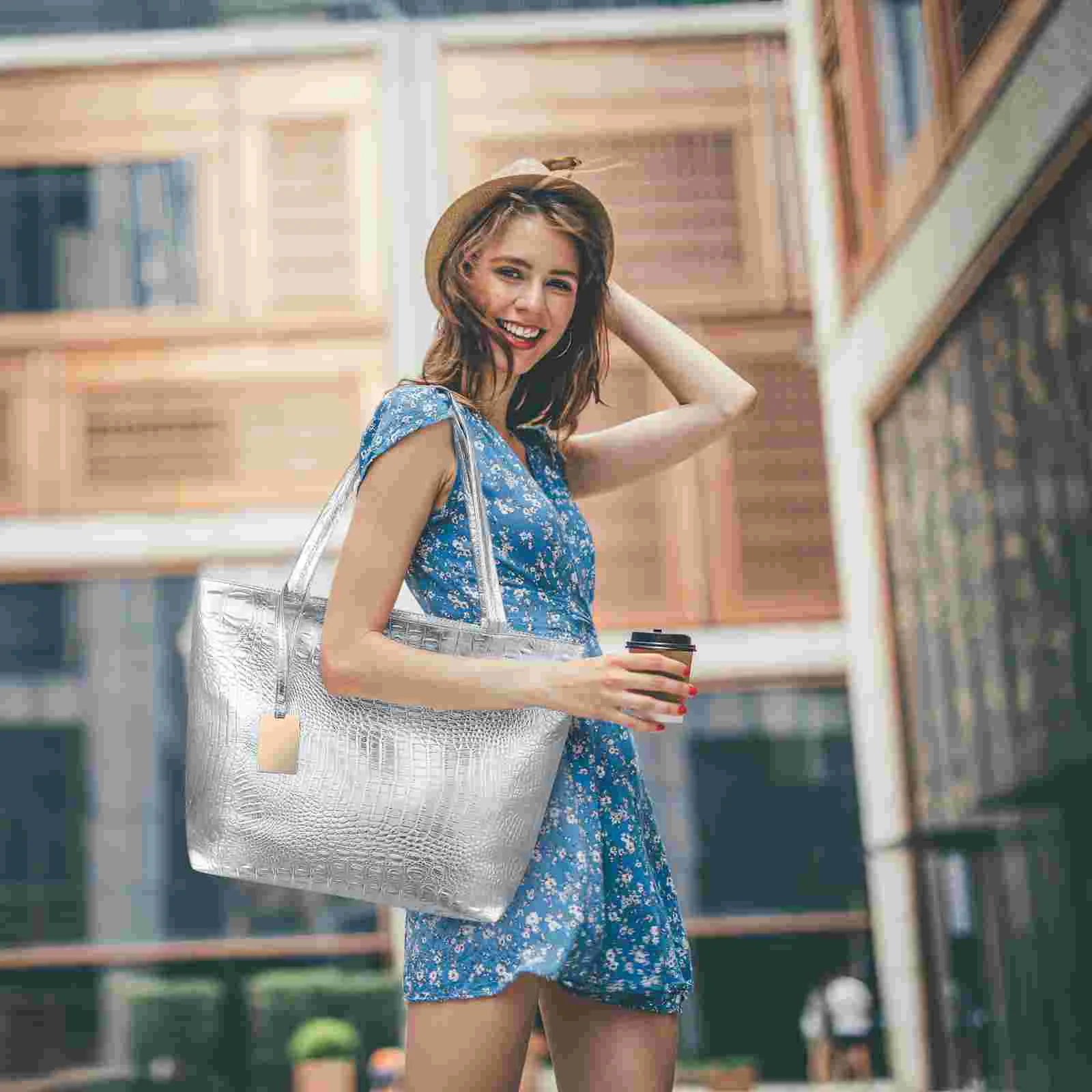 1pc Large Capacity Women Handbag Shoulder Shopping Bag Fashion Tote Bag for School Work Golden