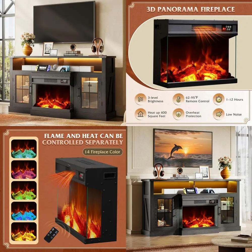 

65 Inch TV Stand with 3-Sided Glass Electric Fireplace, Entertainment Center featuring 14 Color Flames & Adjustable LED Storage