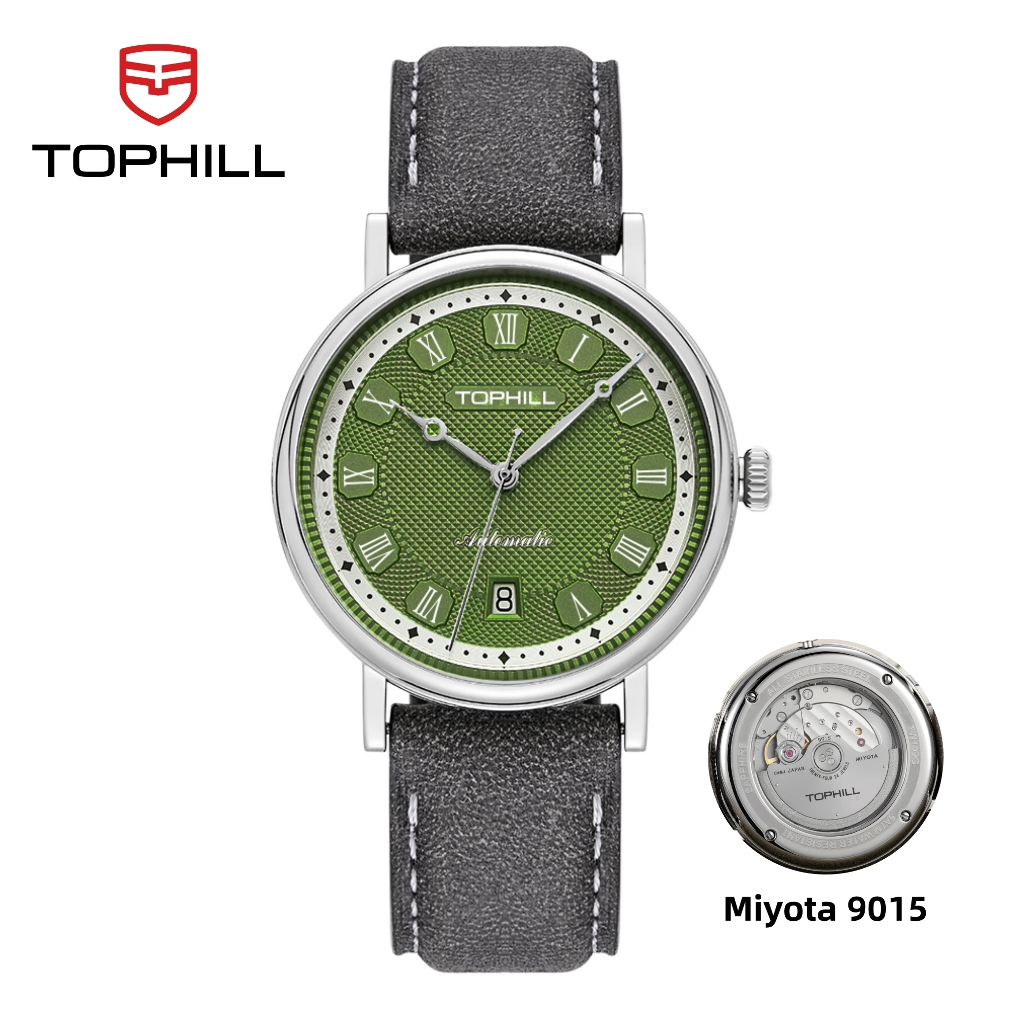 TOPHILL Watches Automatic 40mm Miyota 9015 Mechanical Wristwatch Roman Numera 6H Date Reloj Sapphire 5ATM Coin Edge Case TW109G