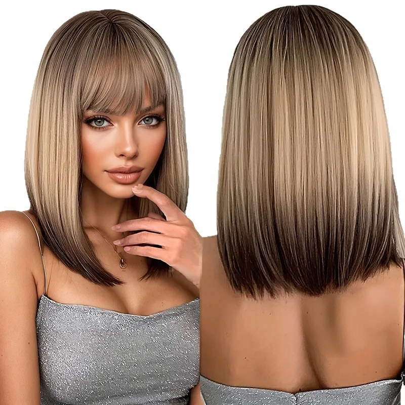 Short Straight Hair with Bangs Brown Gradient silverBoBoDaily RoutineCosplayWig for Women