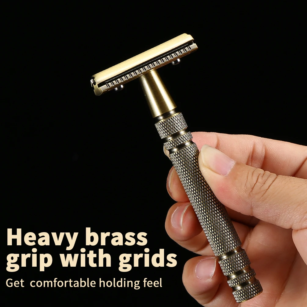 Double Edge Safety Razor Long Handle - Brass Bronze Blade Replaceable Razors For Men Shaving Classic Razor,Reusable Metal