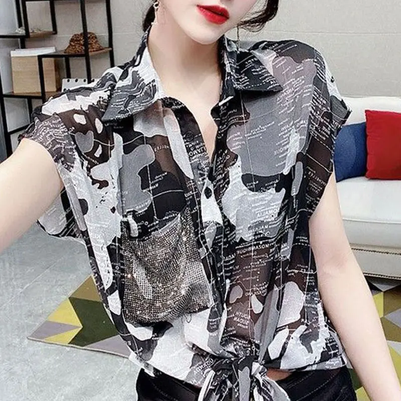 

Female Clothing Fashion Pockets Diamonds Blouse Streetwear Summer Turn-down Collar Commute Casual Single-breasted Bandage Shirt