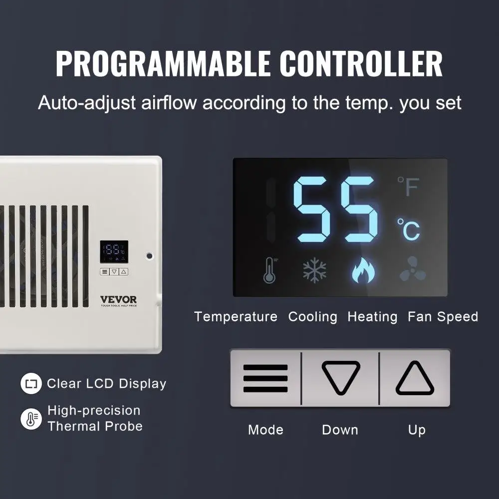 Quiet 6”x10” Register Booster Fan with Remote & Thermostat Control - Adjustable for heating /Cooling Smart Vents, White