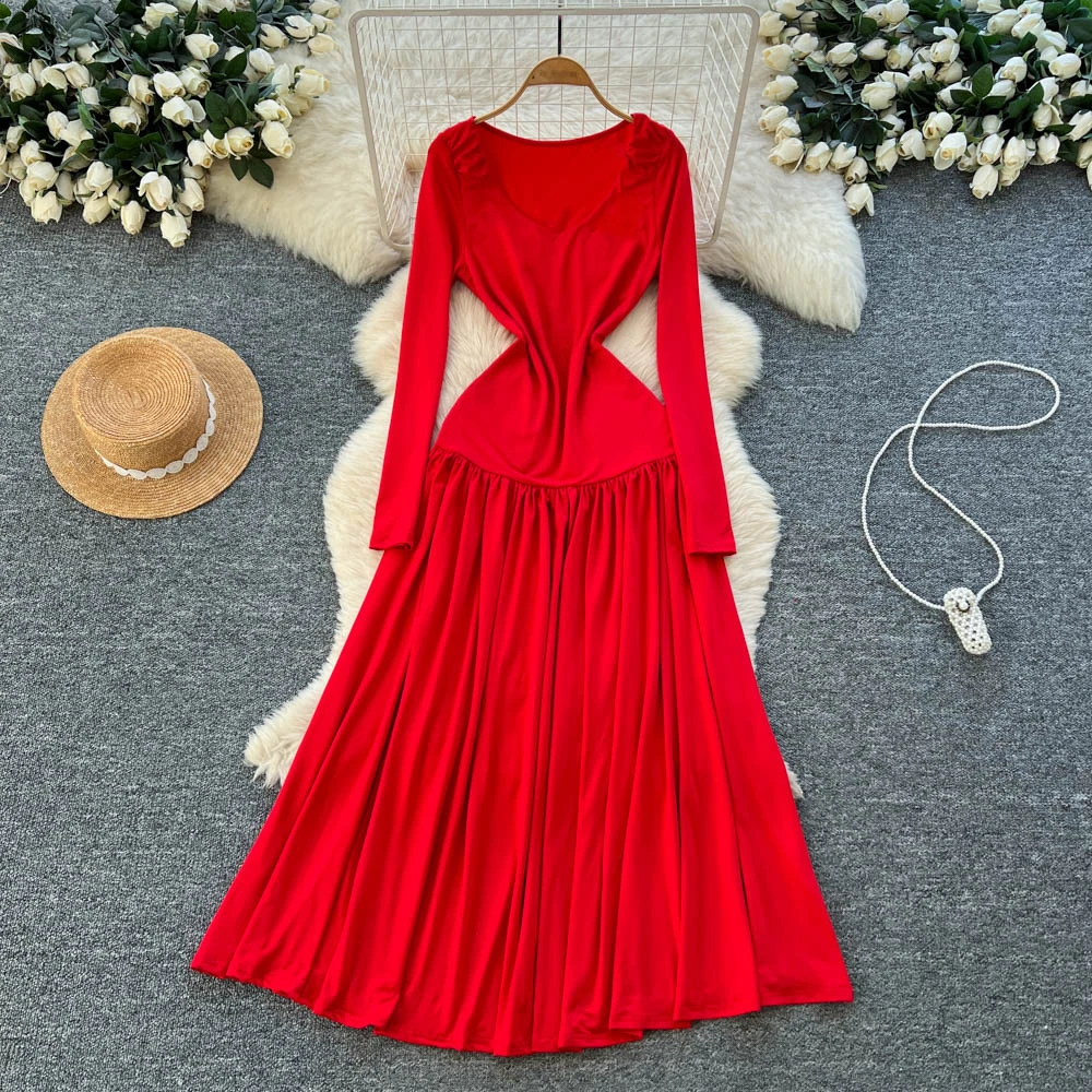 

Chic vintage V-neck long sleeve dress Elegant Fairy korean fashion autumn women clothing Long dress