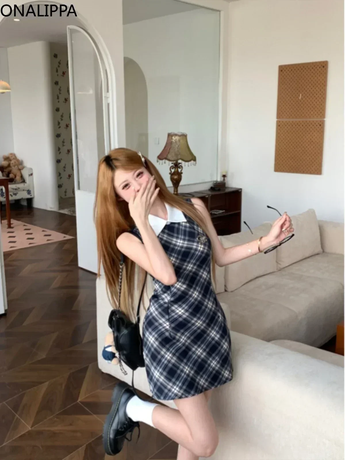 Onalippa Vintage Plaid Mini Dress Women Waist Belt Polo Collar Sleeveless A Line Dresses High Street Contrast Vestidos image 5