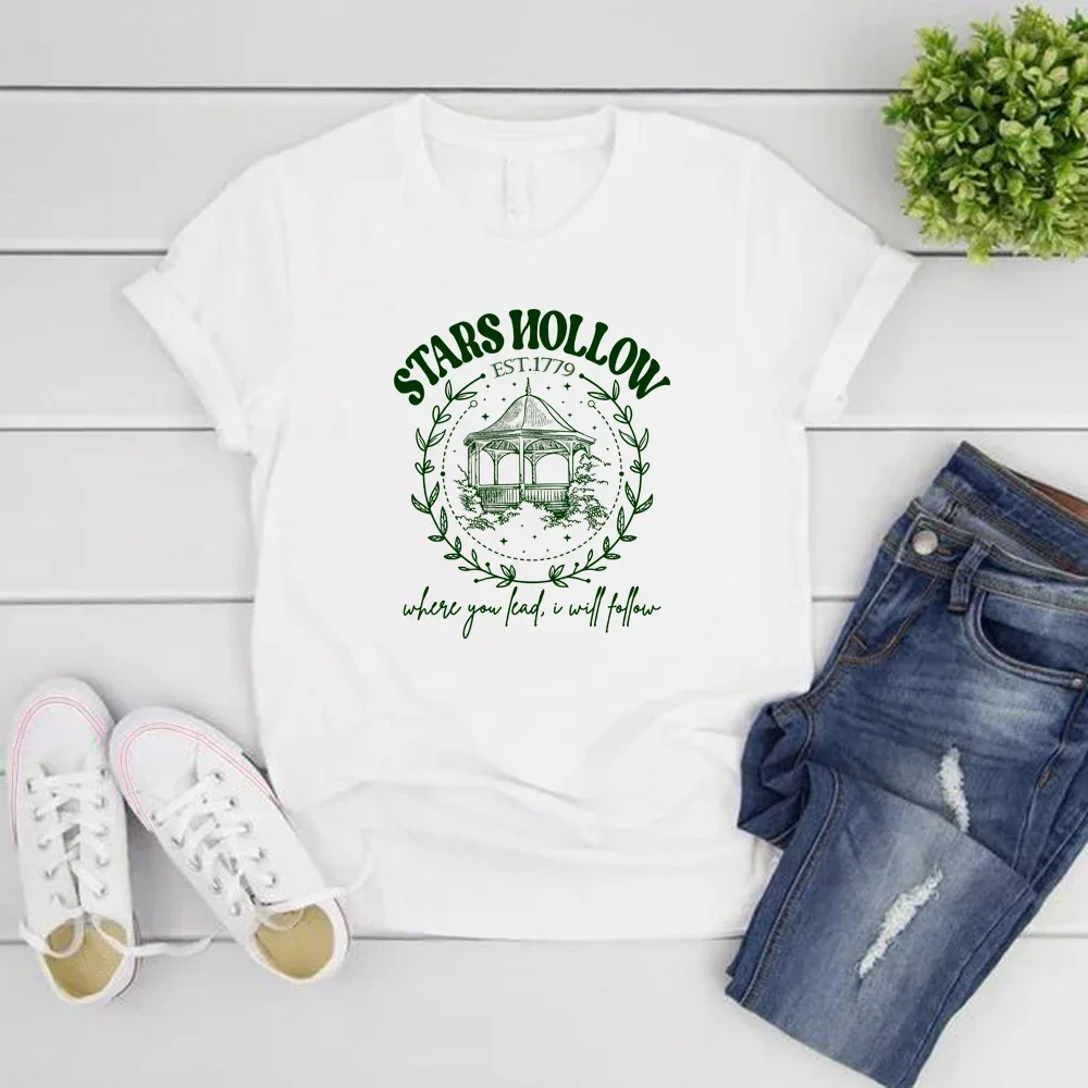 Stars Hollow Where You Lead I Will Follow T-Shirt Lukes Diner T-shirt Vintage Women Short Sleeve T Shirts Casual Crewneck Tee