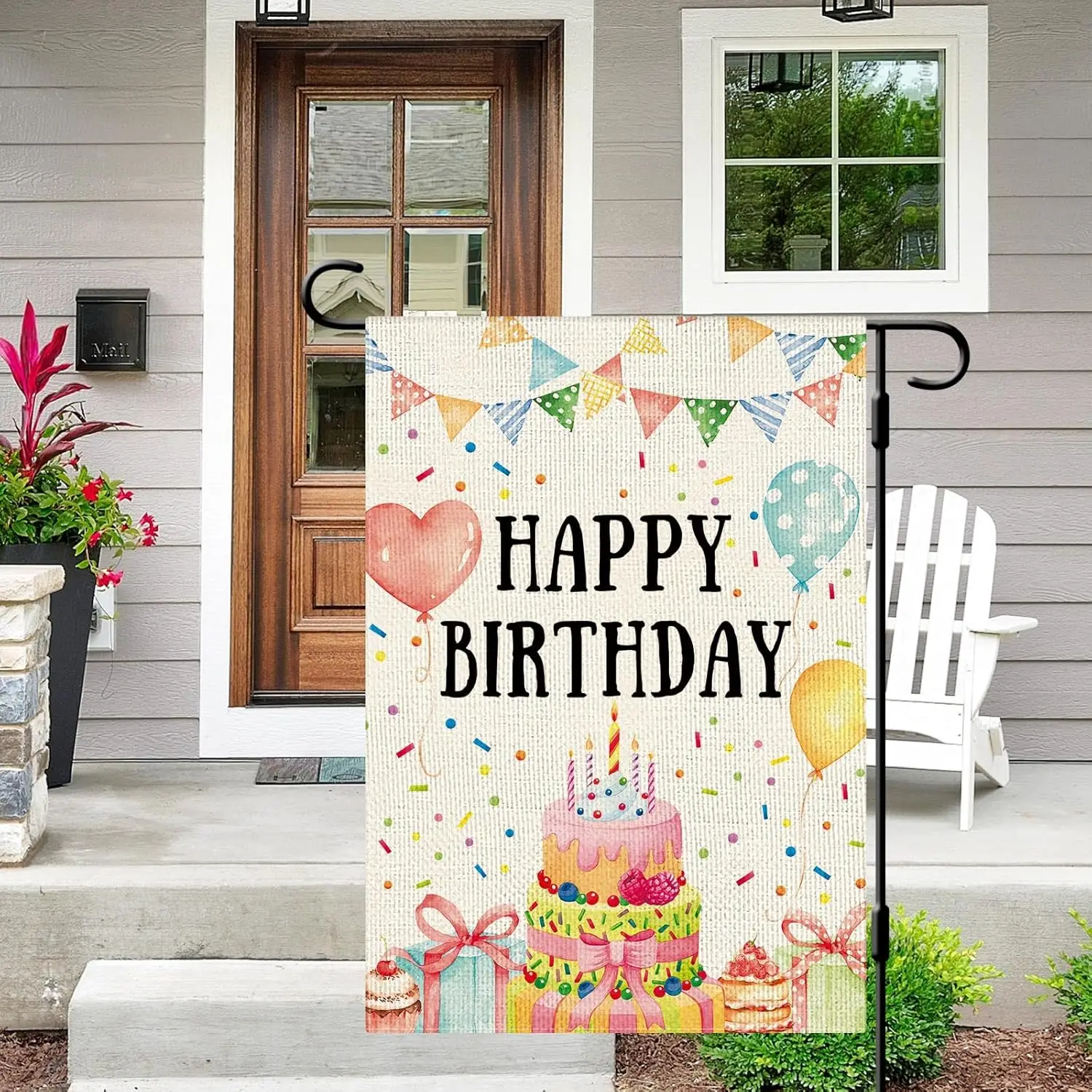 DLZDN Happy Birthday Garden Flag 12×18 Inch Double Sided Vertical Burlap Birthday Cake Banner Yard Flag Outdoor Decor