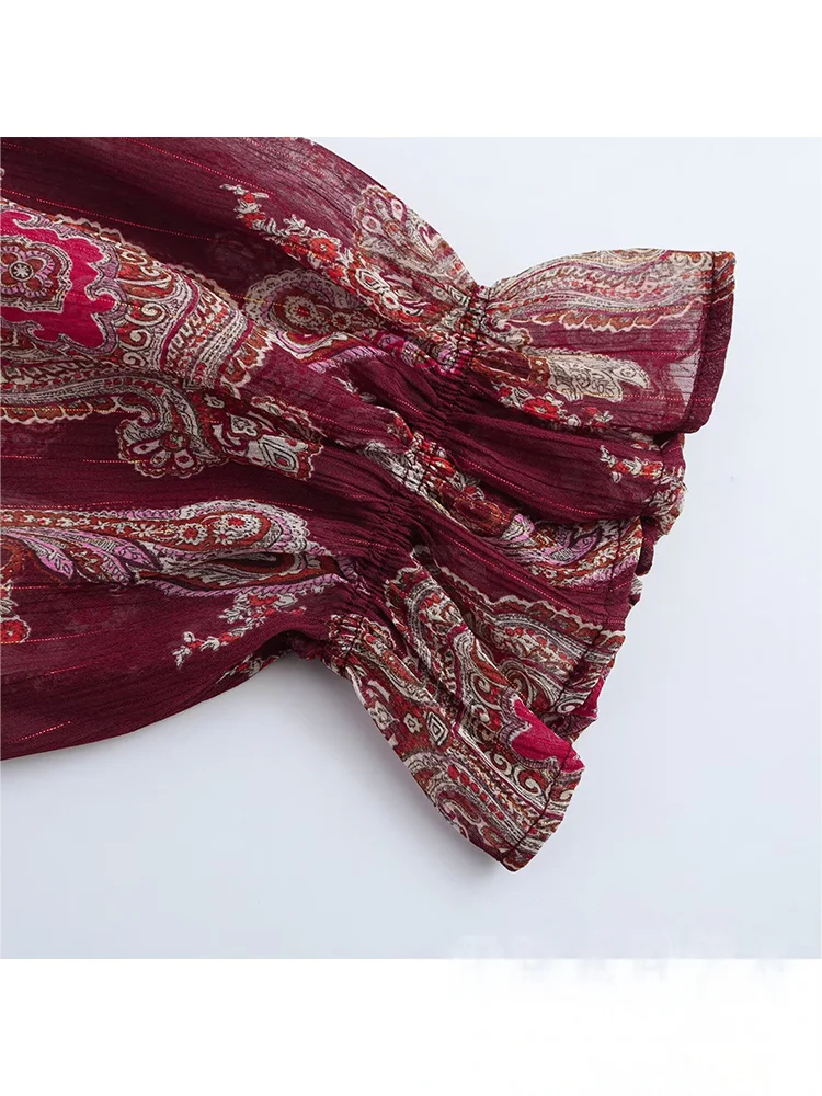 KONDALA Abito lungo in chiffon con stampa floreale rossa vintage Manica lunga O Collo con volant Abito ampio Moda 2025 Abito Boho primavera autunno