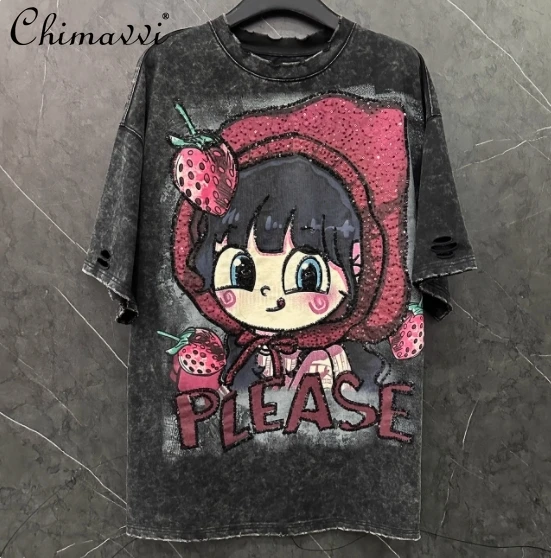 Fashion Hole Design Cartoon Strawberry Girl Sweet T-shirt Top Winter Loose Short-sleeved Women Half-sleeved Tshirts for Women