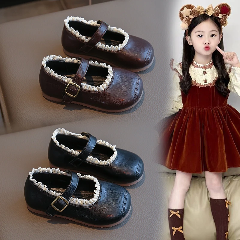 

Spring Little Girl's Mary Janes Lace Hook-loop Sewing Chic Kid's Flat Shoe Solid Colors Pu Leather Daily Comfy Children Shoes