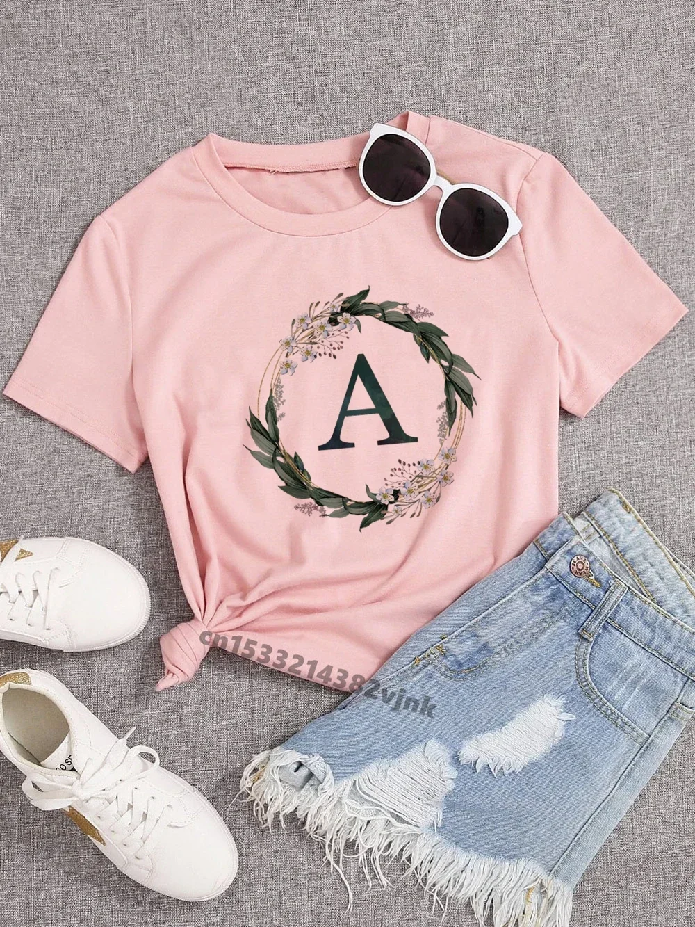 Wedding Party Monogram A Wild Flowers And Foliage WomenT-Shirt Casual ladies basic O-collar pink Short Sleeved 2024 Cotton tops