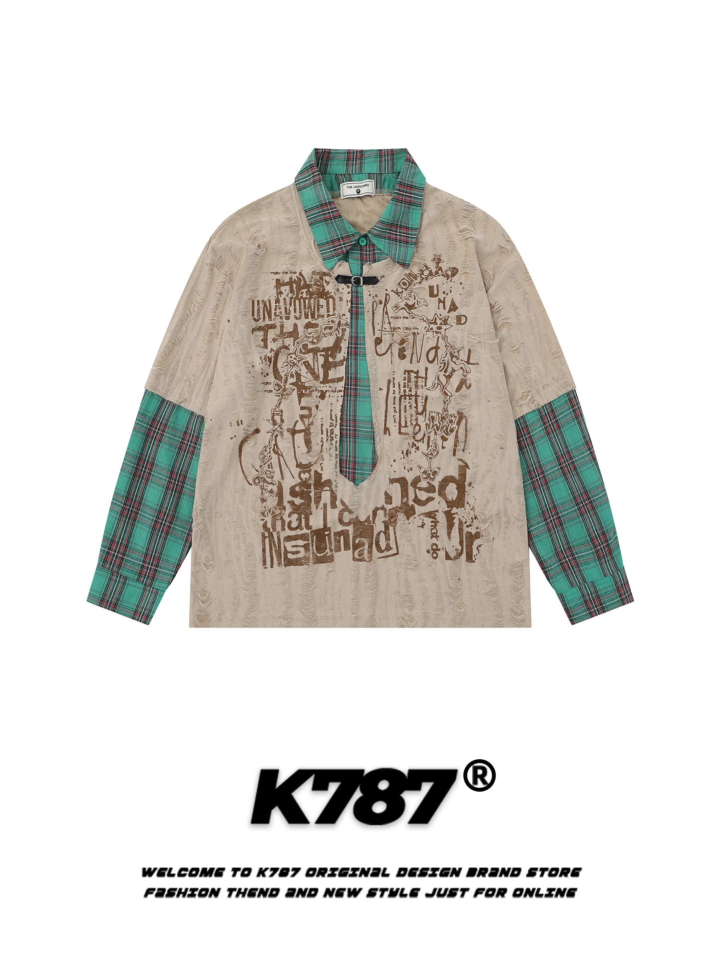 

Футболка унисекс K787 в американском ретро-стиле с клетчатым воротником и пэчворком, свободного кроя, повседневная, с перфорацией