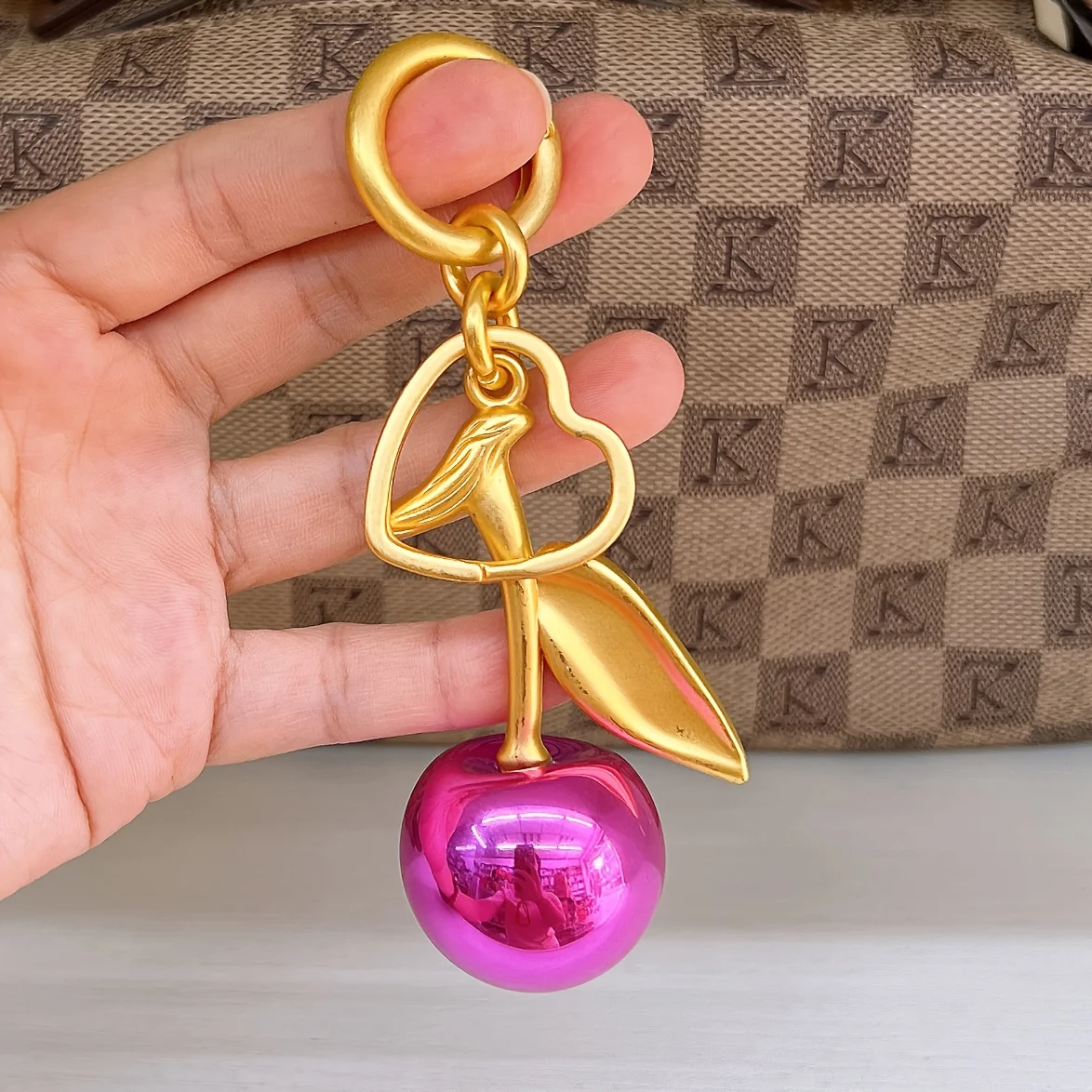 Purple Cherry Keychain Charm - Shiny Resin & Metal Bag Accessory, Elegant Gift for Women, Purse or Handbag Decoration