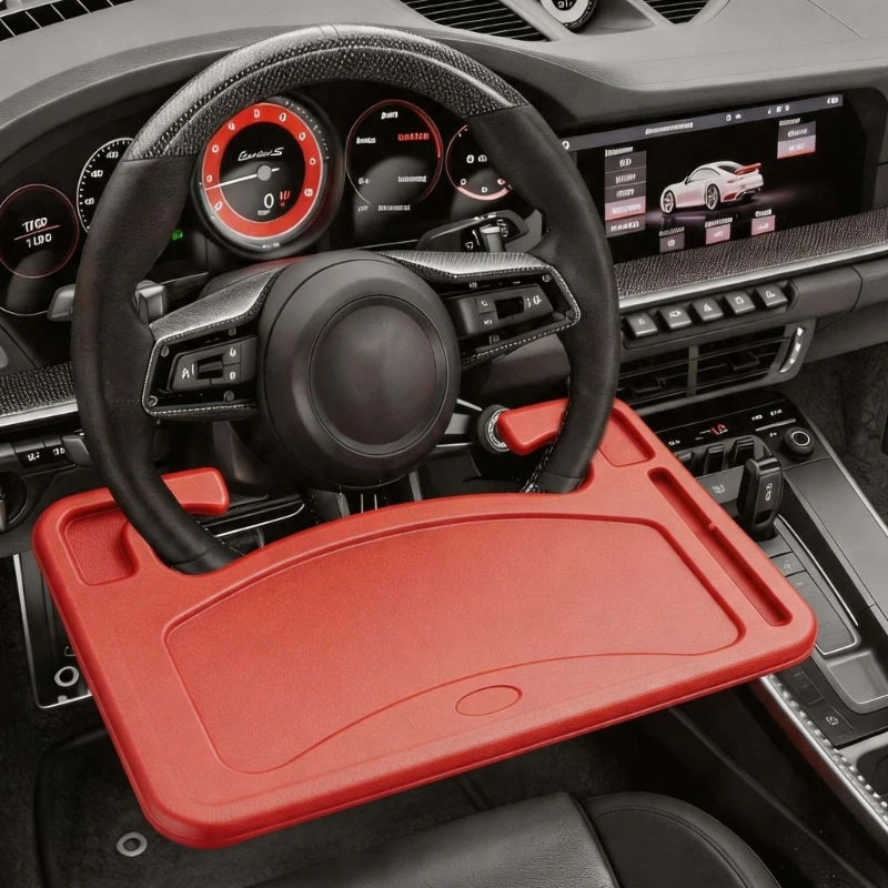 Steering Wheel Tray Table with Clip-On Setups, Textured Surfaces and Soft Contact Fold-Flat Car Table for Parked 68UF