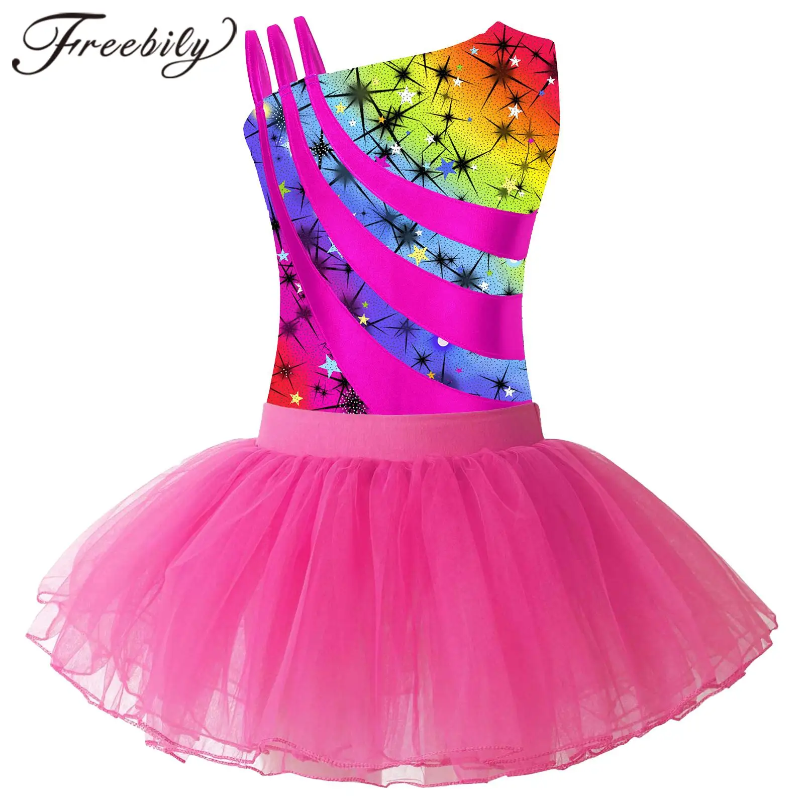 Kids Girls Sleeveless Print Ballet Tutu Gymnastics Leotard with Shorts Skating Jumpsuit Dancewear Sets Children Dance Outfits