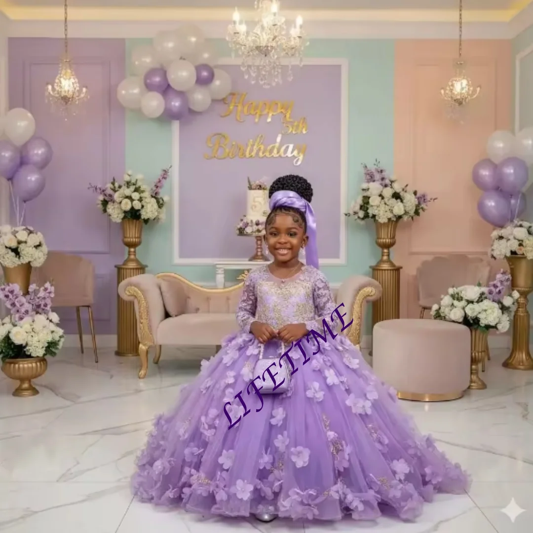 CustomizedCustomized Lavender Flower Girl Dress For Wedding Lace 3D Flowers Full Sleeves Gorgeous Princess Bridesmaid Birthday P