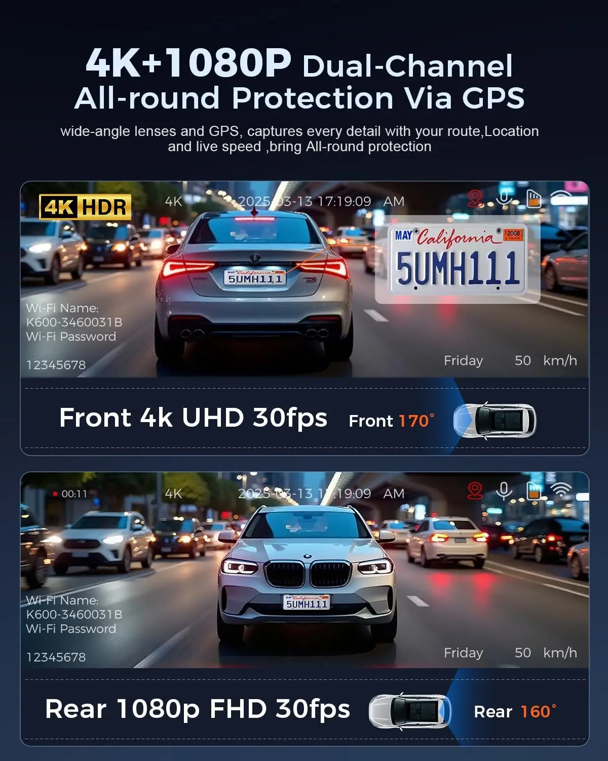 K600 4k Dash Cam Front and Rear, 3.59" IPS Screen, Built-in GPS 5G WiFi Dash Camera for Cars with App, UHD 2160P Night Vision Fr