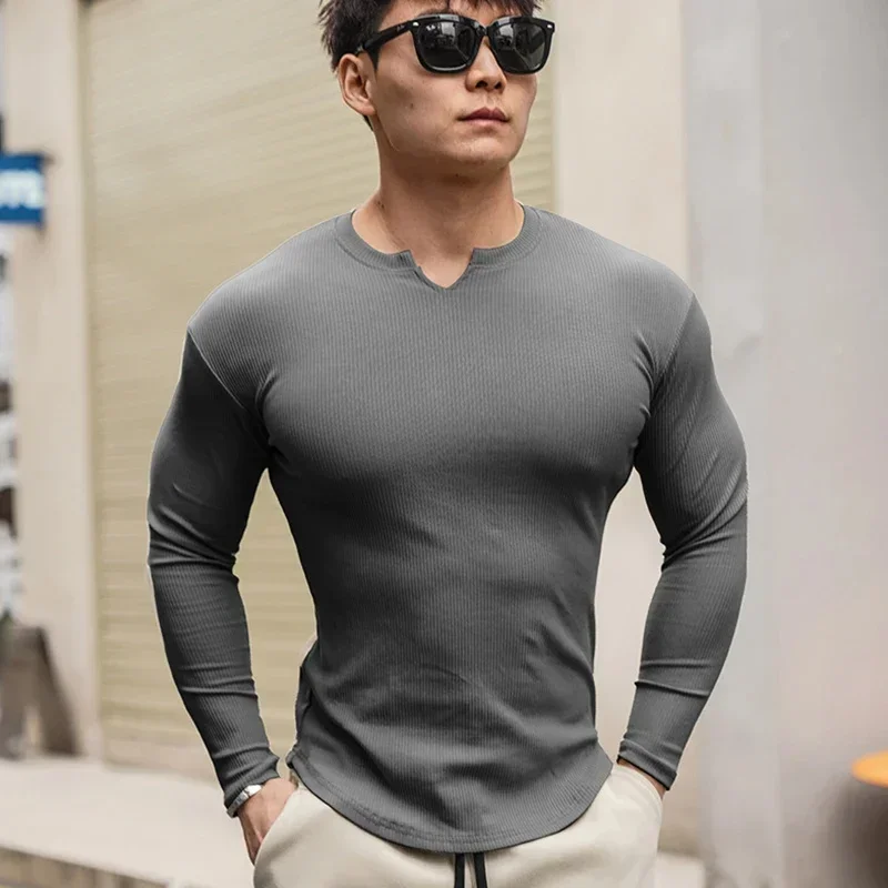 2024 Summer Men T-Shirt Running And Fitness Top Long Sleeved Comfortable Routine V-Neck Fitness T-Shirt