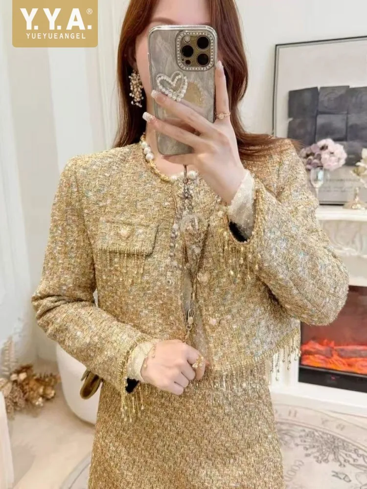

Fashion Elegant Women New Golden Tassel Jacket Tweed Short Coat Single Breasted O Neck Long Sleeve Versatile Lady Tops Outerwear