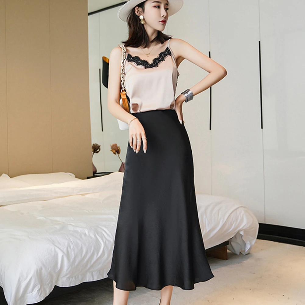 

Comfy Women Skirt Sweet Winter Autumn Female For Women Summer No Elasticity Regular Simulated Silk Skirt Solid Color