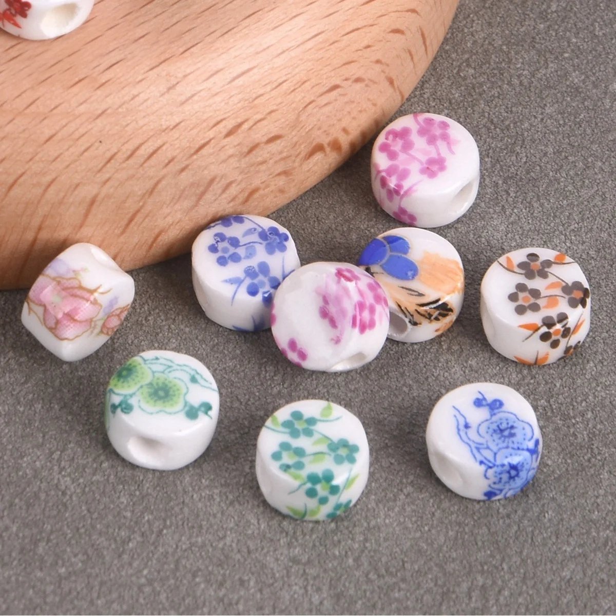 20PCS Flat Round Rondelle Shape 8.5x5mm Flower Painting Loose Ceramic Porcelain Beads For Jewelry Making DIY Crafts Findings