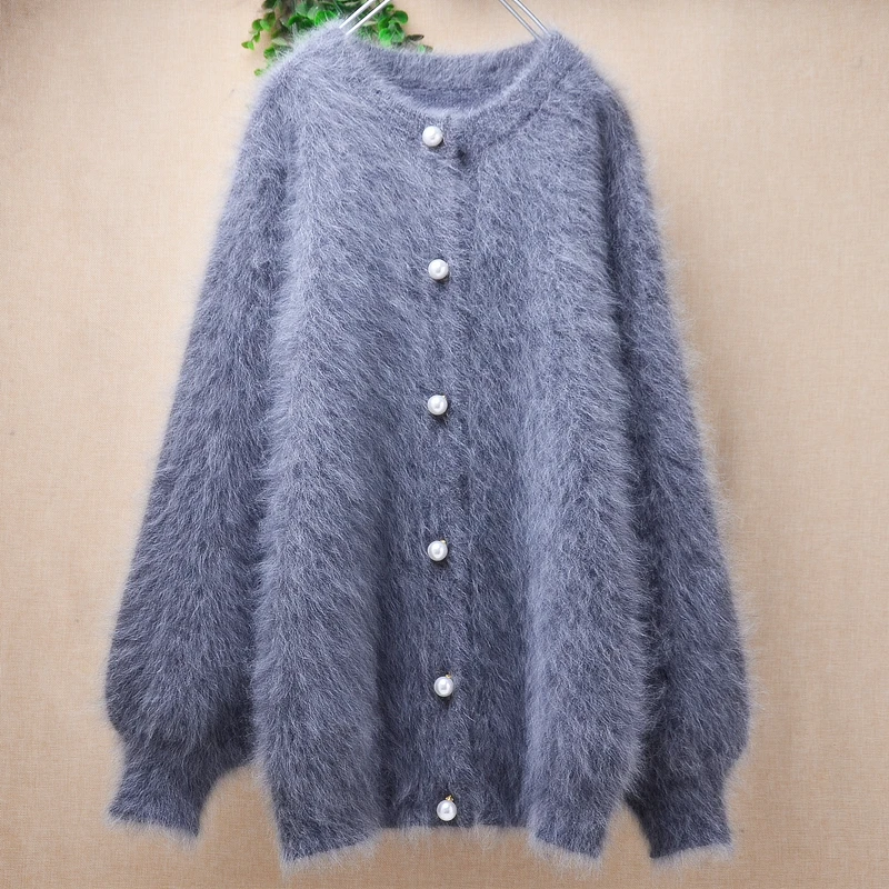 Women Autumn Winter Thick Warm Hairy Mink Cashmere Knitted Long Lantern Sleeves Loose Cardigans Sweater Angora Jacket Coat Pull