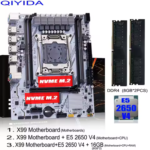QIYIDA X99 Motherboard Set Kit Xeon LGA2011-3 E5 2650 V4 2pcs*8gb=16GB DDR4 RAM USB PCI 3.0 NVME M.2 SATA M-ATX