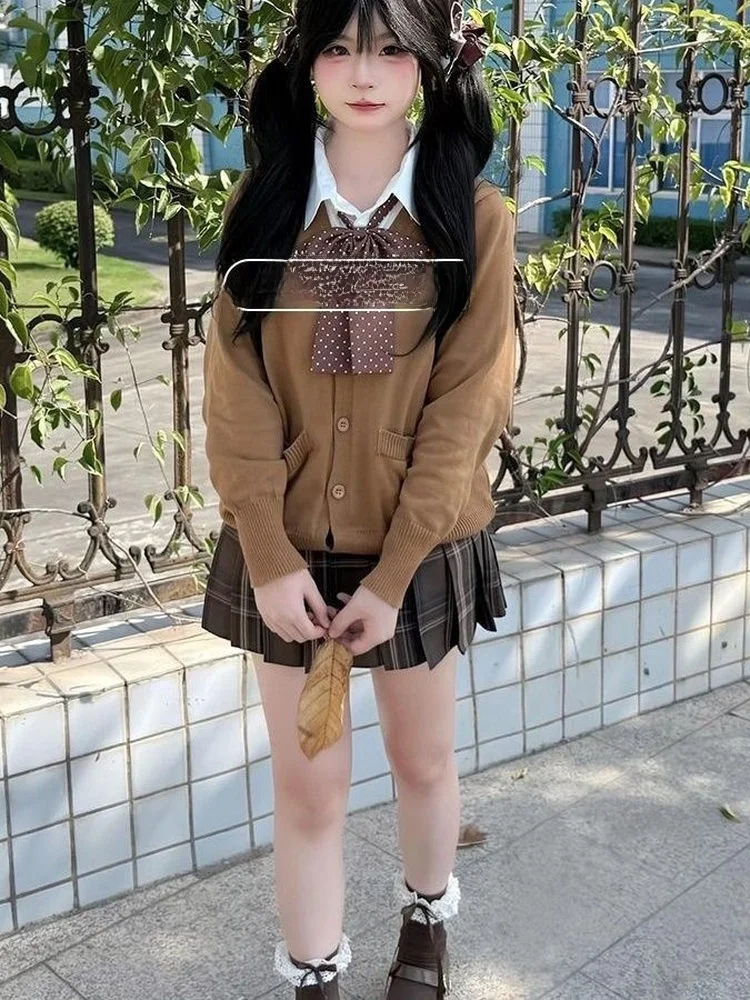 

Japanese Style JK Uniform Knitted Sweater Sugar Roasted Chestnut Color Cardigan Sweater Early Autumn Pleated Skirt Short Skir...