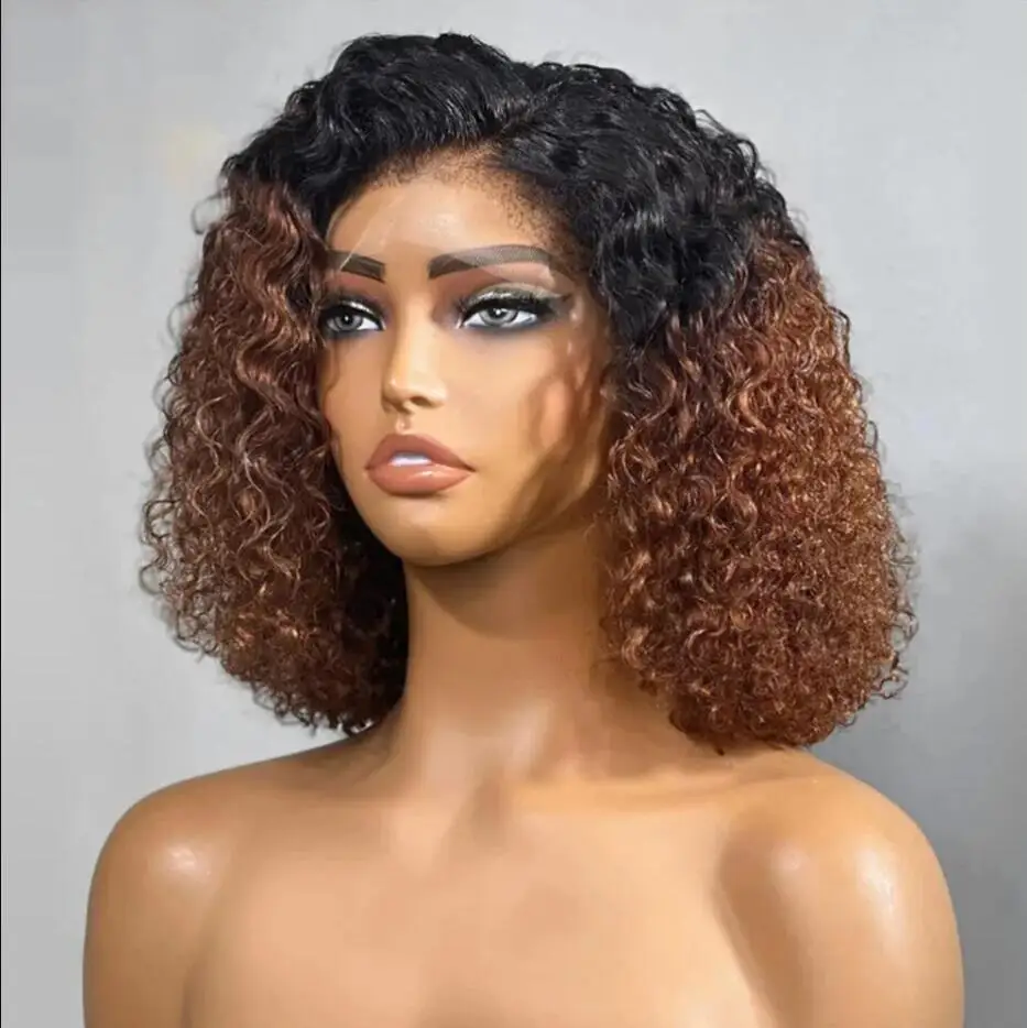 

Natural Soft 180Density Ombre Brown KInky Curly Short Bob Lace Front Wig For Women BabyHair Heat Resistant Glueless Preplucked