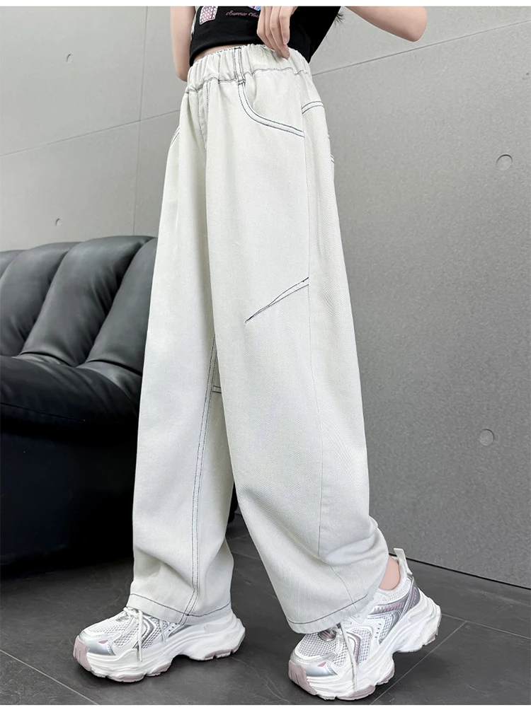 Sommerliche, dünne, einfarbige weiße Jeans im Scimitar-Stil für Teenager-Mädchen, High-Fashion-Streetwear-Hosen, lockere Jeanshose für Kinder – Detail 2