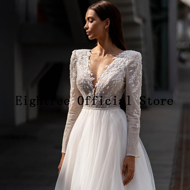 Eightre White Boho Wedding Dresses Long Sleeve Glitter Bride Dress Tulle A-Line Appliques Wedding Evening Prom Gowns Customized