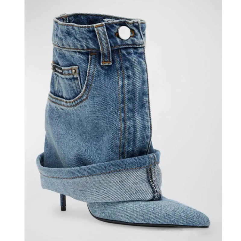 

Denim Short Pants Boots Thin High Heels Pointed Toe Overlay Ankle Booties Wide Top Women's Trend Folded Shoes