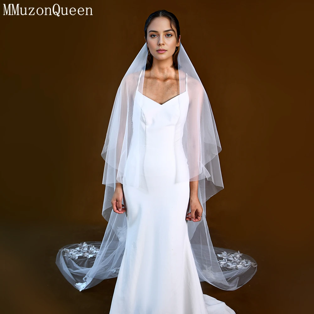 MMQ M79 Flower Embroidery Cathedral Wedding Veil No Comb Soft Tulle Long Elegant & Luxury Wedding Veil