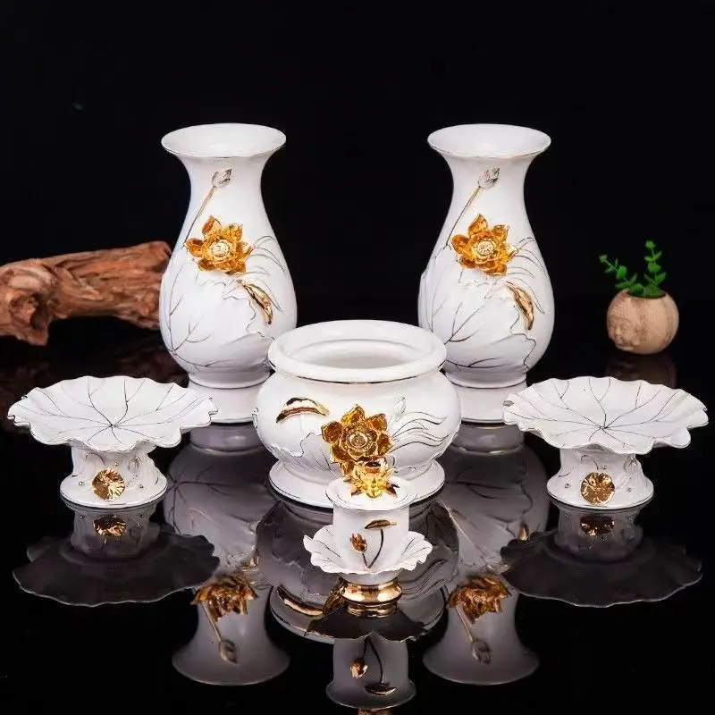 Gold Buddha Set with Incense Burner Lotus Cup Water Bottle And Lotus Plate - Buddhist Supplies for Home Decor And Ornaments