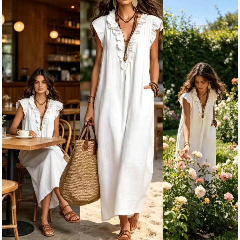 2026 Spring Summer Bohemian Flutter Sleeve Maxi  Flowy Floor Length Boho & Lightweight Perfect for Beach Vacation Photoshoot