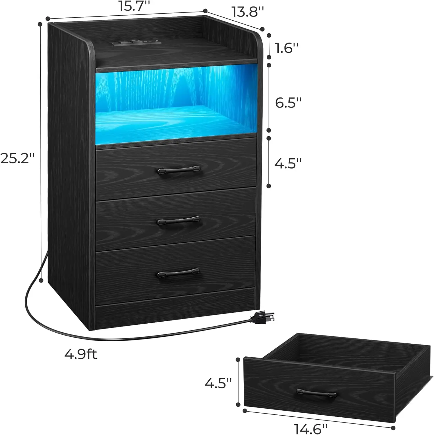 Nightstand with Charging Station and LED Light Strips, Night Stand with Drawers, End Table with USB Ports and Outlets